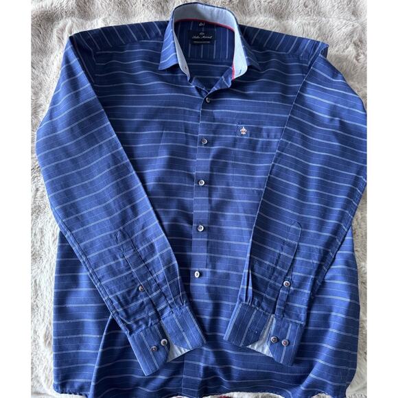 Premium Men’s Cotton John Morris Navy Striped Made In India Shirt Size LG EUC - Picture 5 of 10